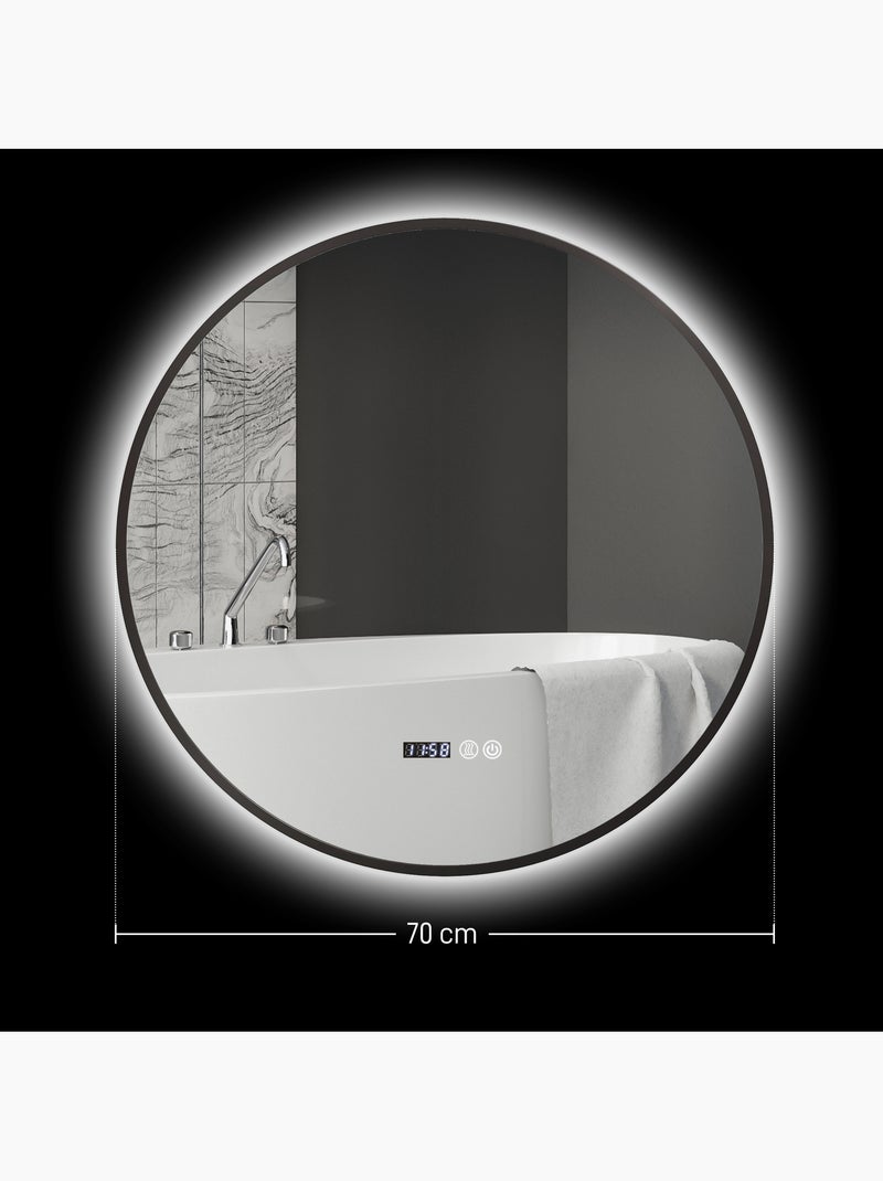 Miroir led rond salle de bain ø 70 cm - nombreuses fonctions - métal noir Noir - Kiabi