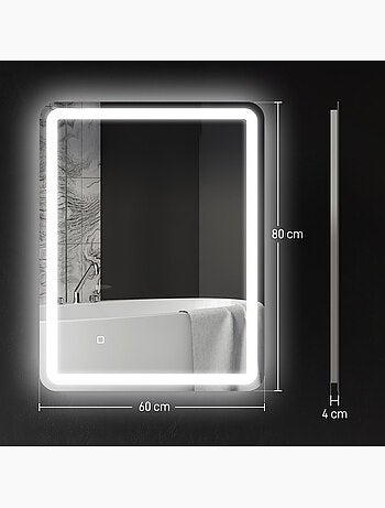 Miroir led salle de bain réglable 34w antibué tactile 60 x 80 cm