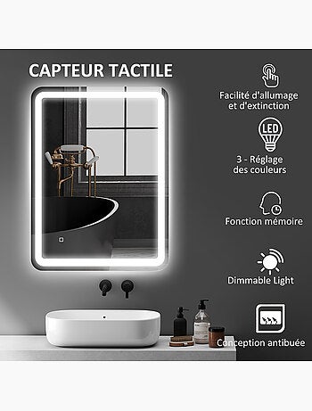 Miroir led salle de bain réglable 34w antibué tactile 60 x 80 cm