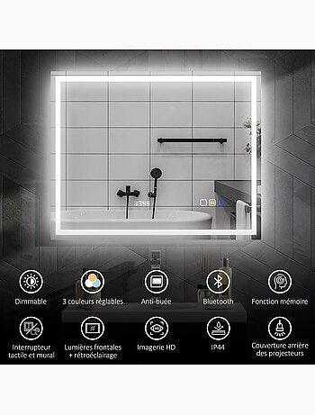 Miroir lumineux led 100 x 80 cm bluetooth interrupteur tactile lumière réglable