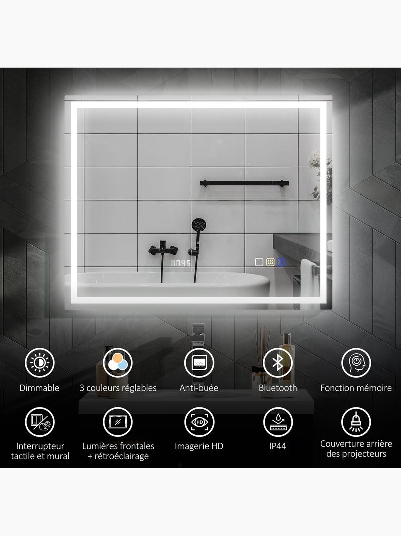 Miroir lumineux led 100 x 80 cm bluetooth interrupteur tactile lumière réglable Gris - Kiabi