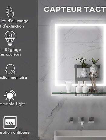 Miroir lumineux LED 29W antibué réglable interrupteur tactile étagère