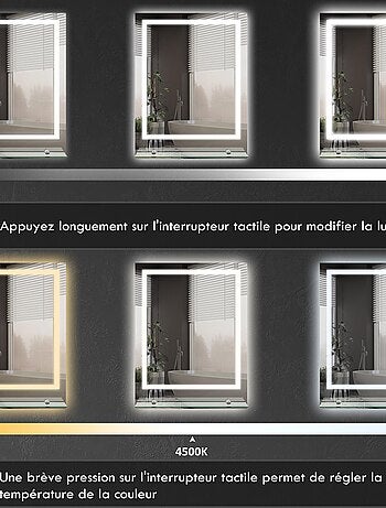Miroir lumineux LED 29W antibué réglable interrupteur tactile étagère