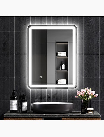 Miroir lumineux led 70 x 90 cm lumière réglable 3 couleurs fonction anti-buée