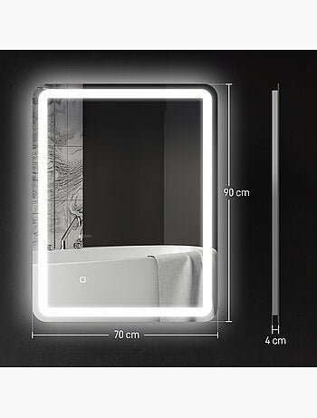 Miroir lumineux led 70 x 90 cm lumière réglable 3 couleurs fonction anti-buée