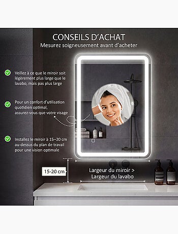Miroir lumineux led 70 x 90 cm lumière réglable 3 couleurs fonction anti-buée