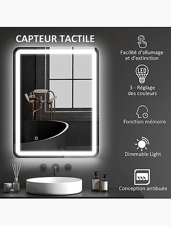 Miroir lumineux led 70 x 90 cm lumière réglable 3 couleurs fonction anti-buée