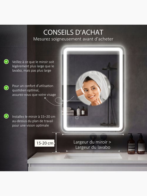 Miroir lumineux led 70 x 90 cm lumière réglable 3 couleurs fonction anti-buée - Kiabi