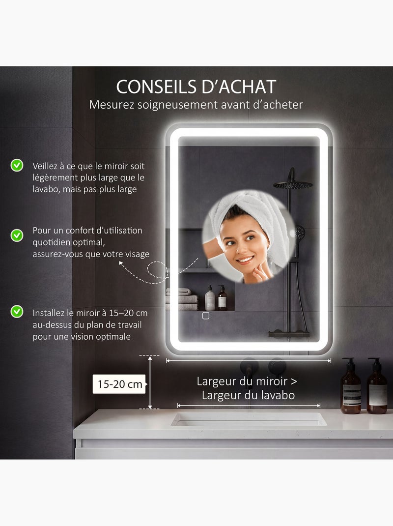 Miroir lumineux led 70 x 90 cm lumière réglable 3 couleurs fonction anti-buée Gris - Kiabi