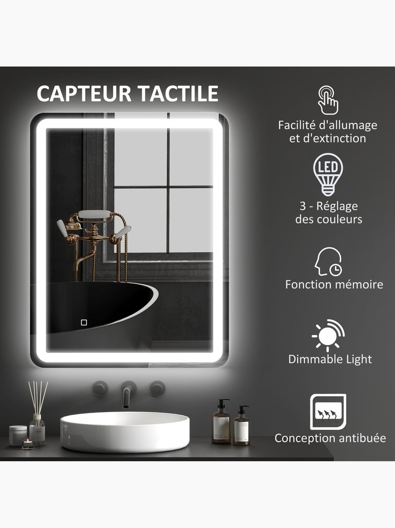 Miroir lumineux led 70 x 90 cm lumière réglable 3 couleurs fonction anti-buée Gris - Kiabi
