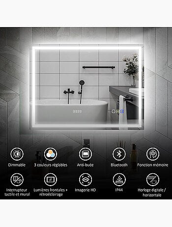 Miroir lumineux led 80 x 60 cm bluetooth interrupteur tactile lumière réglable