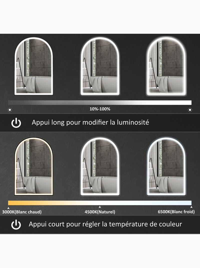 Miroir lumineux led arqué de salle de bain 90 x 60 cm alu Noir - Kiabi