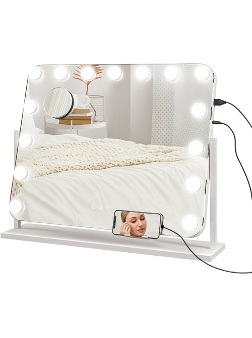 Miroir maquillage hollywood led réglable grossissant rotatif usb blanc - Kiabi