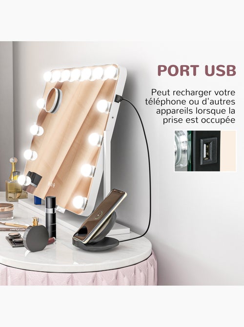 Miroir maquillage hollywood led réglable grossissant rotatif usb blanc - Kiabi