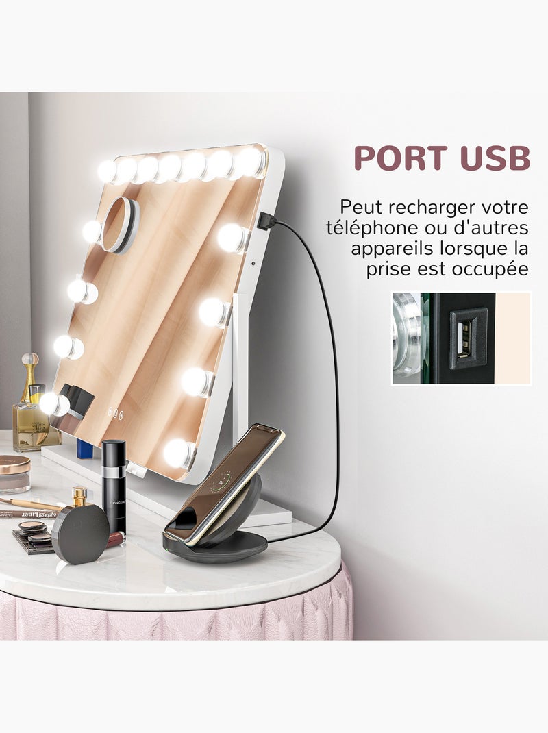 Miroir maquillage hollywood led réglable grossissant rotatif usb blanc Blanc Blanc - Kiabi