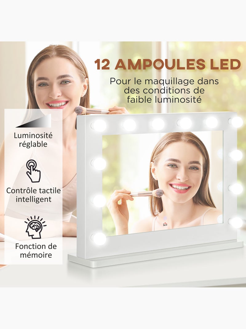Miroir maquillage hollywood lumineux led tactile réglable 12 led Blanc Blanc - Kiabi
