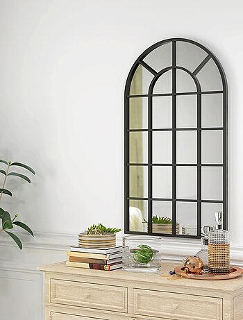 Miroir mural aspect verrière style classique chic métal noir verre noir