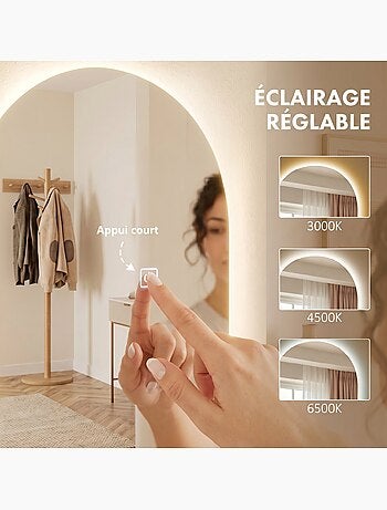 Miroir mural led arqué dim. 40l x 120h cm - miroir led réglable tactile