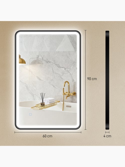 Miroir mural led tactile réglable 44w fonction antibuée 60 x 90 cm alu noir - Kiabi