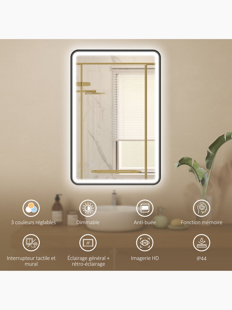 Miroir mural led tactile réglable 44w fonction antibuée 60 x 90 cm alu noir Noir - Kiabi