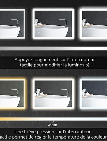 Miroir mural lumineux LED de salle de bain 80 x 60 cm transparent