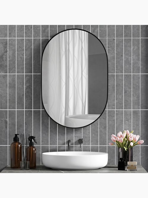 Miroir mural ovale dim. 60l x 90h cm cadre arrondi alu. Noir - Kiabi