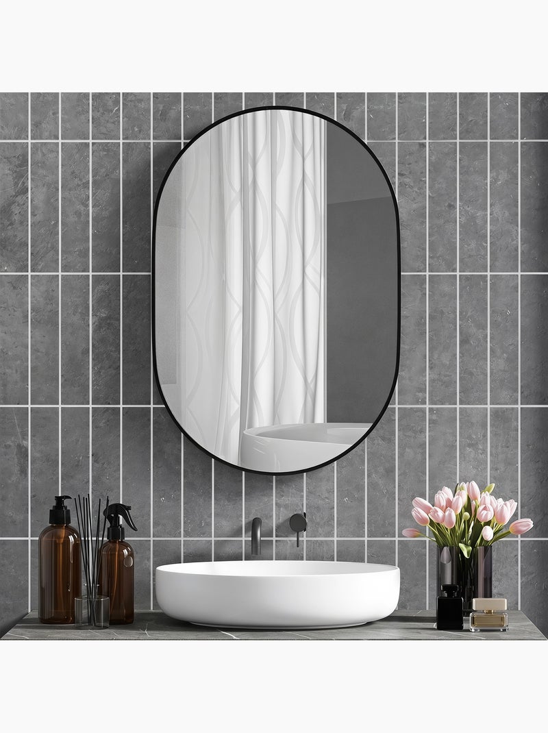 Miroir mural ovale dim. 60l x 90h cm cadre arrondi alu. Noir Noir - Kiabi