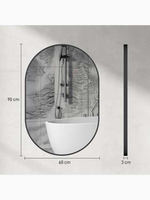 Miroir mural ovale dim. 60l x 90h cm cadre arrondi alu. Noir - Kiabi