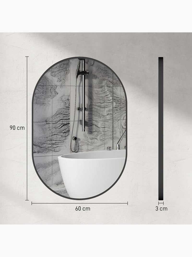 Miroir mural ovale dim. 60l x 90h cm cadre arrondi alu. Noir Noir - Kiabi