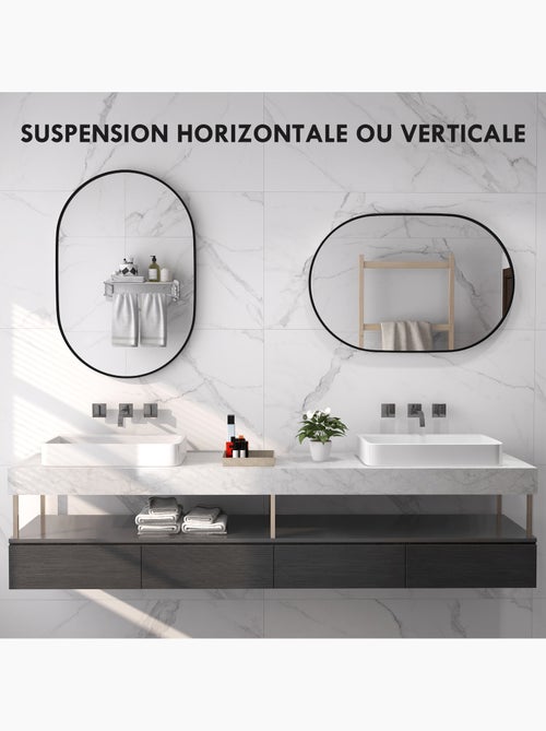 Miroir mural ovale dim. 60l x 90h cm cadre arrondi alu. Noir - Kiabi