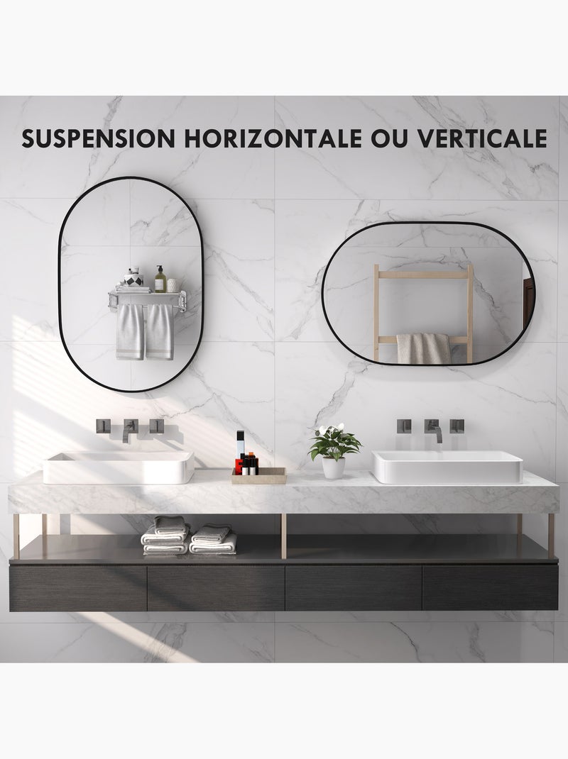 Miroir mural ovale dim. 60l x 90h cm cadre arrondi alu. Noir Noir - Kiabi