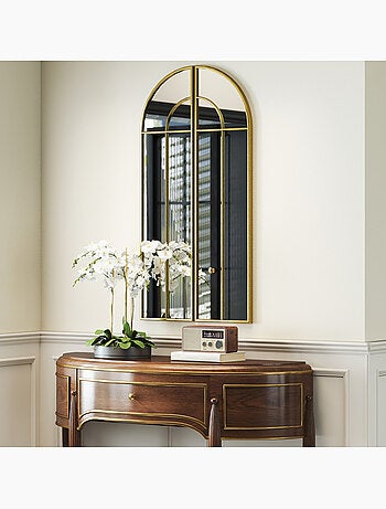 Miroir mural style verrière dim. Panneau 30 x 120 cm métal doré verre