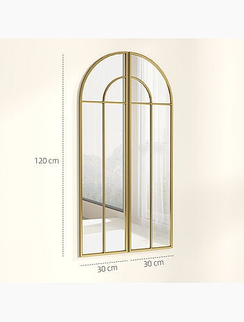 Miroir mural style verrière dim. Panneau 30 x 120 cm métal doré verre