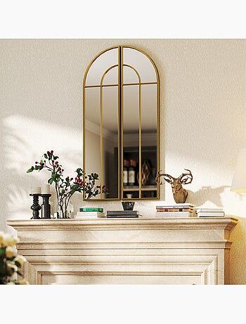 Miroir mural style verrière dim. Panneau 30 x 120 cm métal doré verre