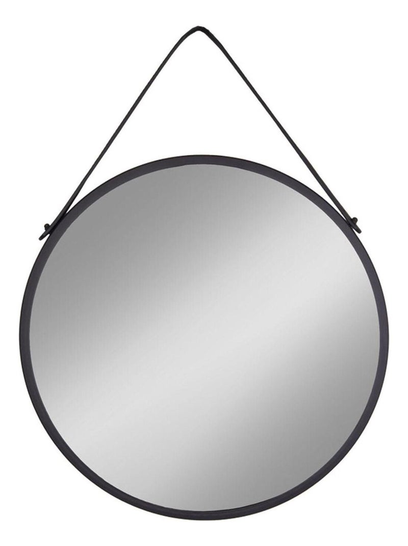 Miroir noir rond en acier avec sangle en cuir - House Nordic Noir mat - Kiabi