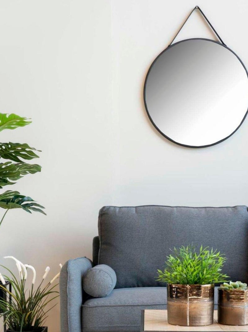 Miroir noir rond en acier avec sangle en cuir - House Nordic Noir mat - Kiabi