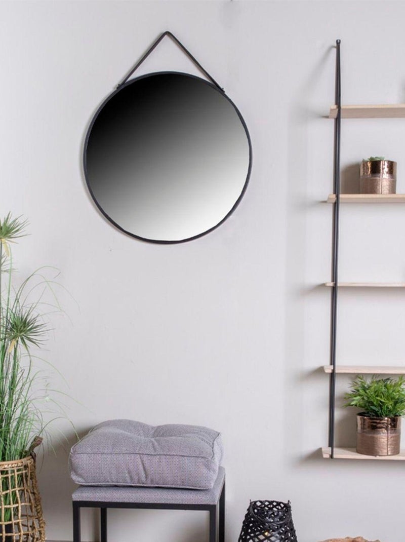 Miroir noir rond en acier avec sangle en cuir - House Nordic Noir mat - Kiabi