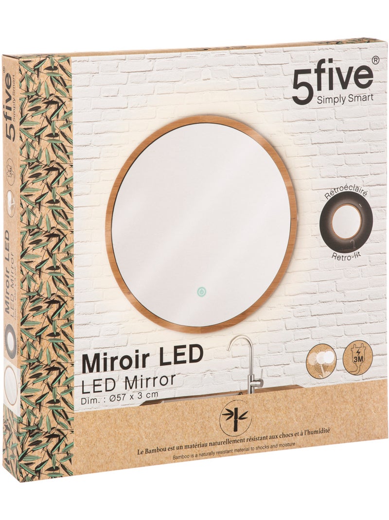 Miroir rond à LED en bambou Beige - Kiabi