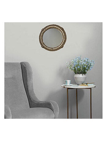Miroir rond en jute tressée et perles de bois