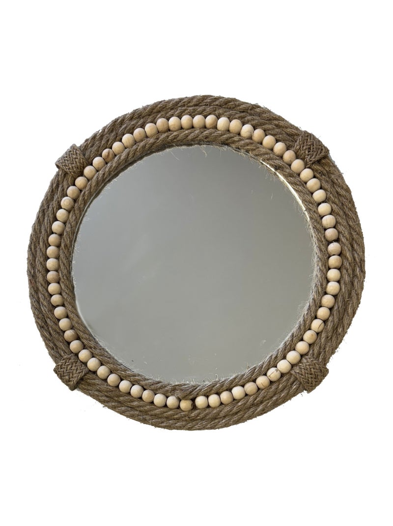 Miroir rond en jute tressée et perles de bois Beige - Kiabi