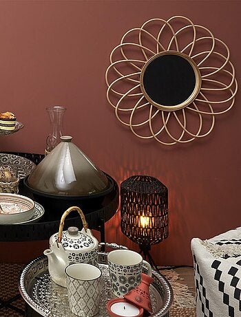 Miroir rond en rotin en forme de rosace