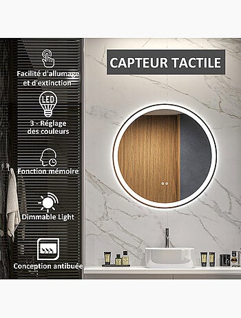 Miroir rond lumineux led de salle de bain 23 w ø 70 cm tactile antibuée blanc argent