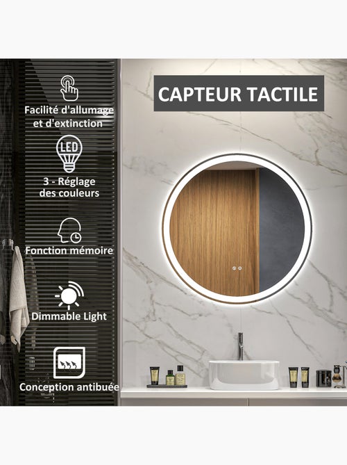 Miroir rond lumineux led de salle de bain 23 w ø 70 cm tactile antibuée blanc argent - Kiabi
