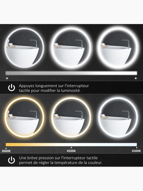Miroir rond lumineux led de salle de bain 23 w ø 70 cm tactile antibuée blanc argent - Kiabi