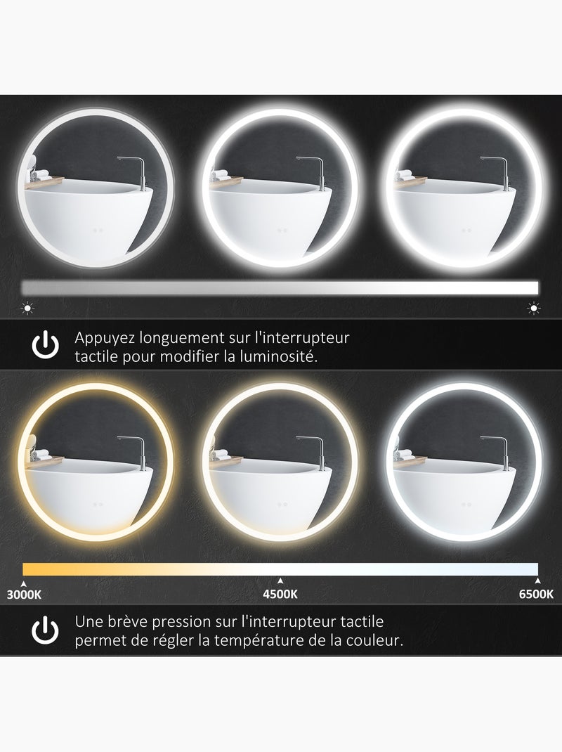 Miroir rond lumineux led de salle de bain 23 w ø 70 cm tactile antibuée blanc argent Gris - Kiabi