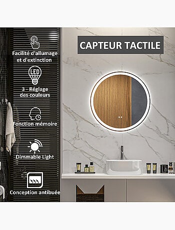 Miroir rond lumineux led de salle de bain 29 w ø 60 cm tactile antibuée blanc argent