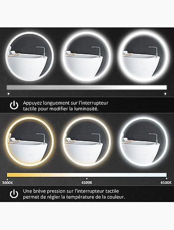 Miroir rond lumineux led de salle de bain 29 w ø 60 cm tactile antibuée blanc argent