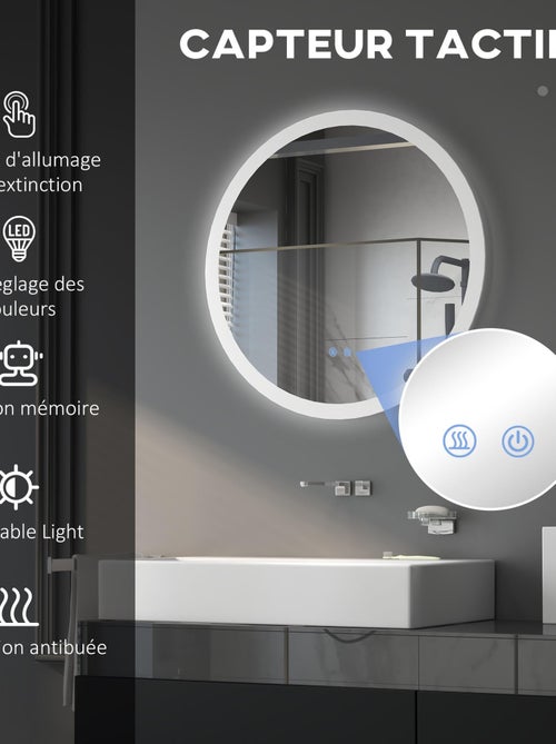 Miroir rond lumineux LED de salle de bain Ø 70 cm blanc argent - Kiabi