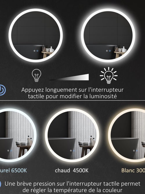 Miroir rond lumineux LED de salle de bain Ø 70 cm blanc argent - Kiabi