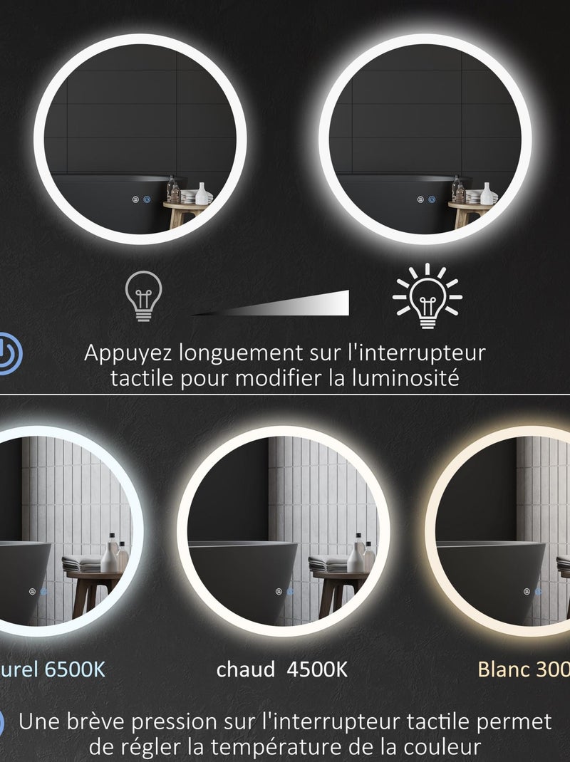 Miroir rond lumineux LED de salle de bain Ø 70 cm blanc argent Gris - Kiabi